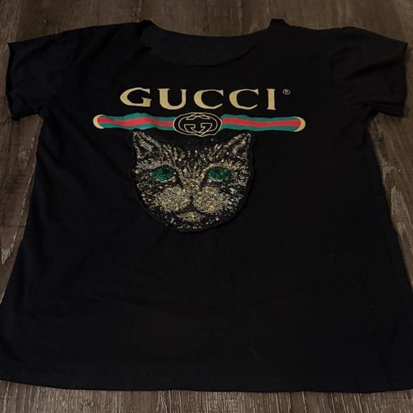 Vintage Black GUCCI graphic Relaxed T-Shirt with sequined Kitty Cat & GG Logo - Picture 2 of 13
